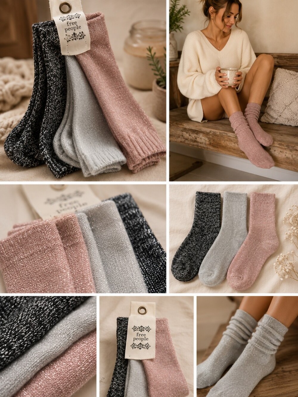 Free People Black, Silver And Pink Shimmer Knit Socks